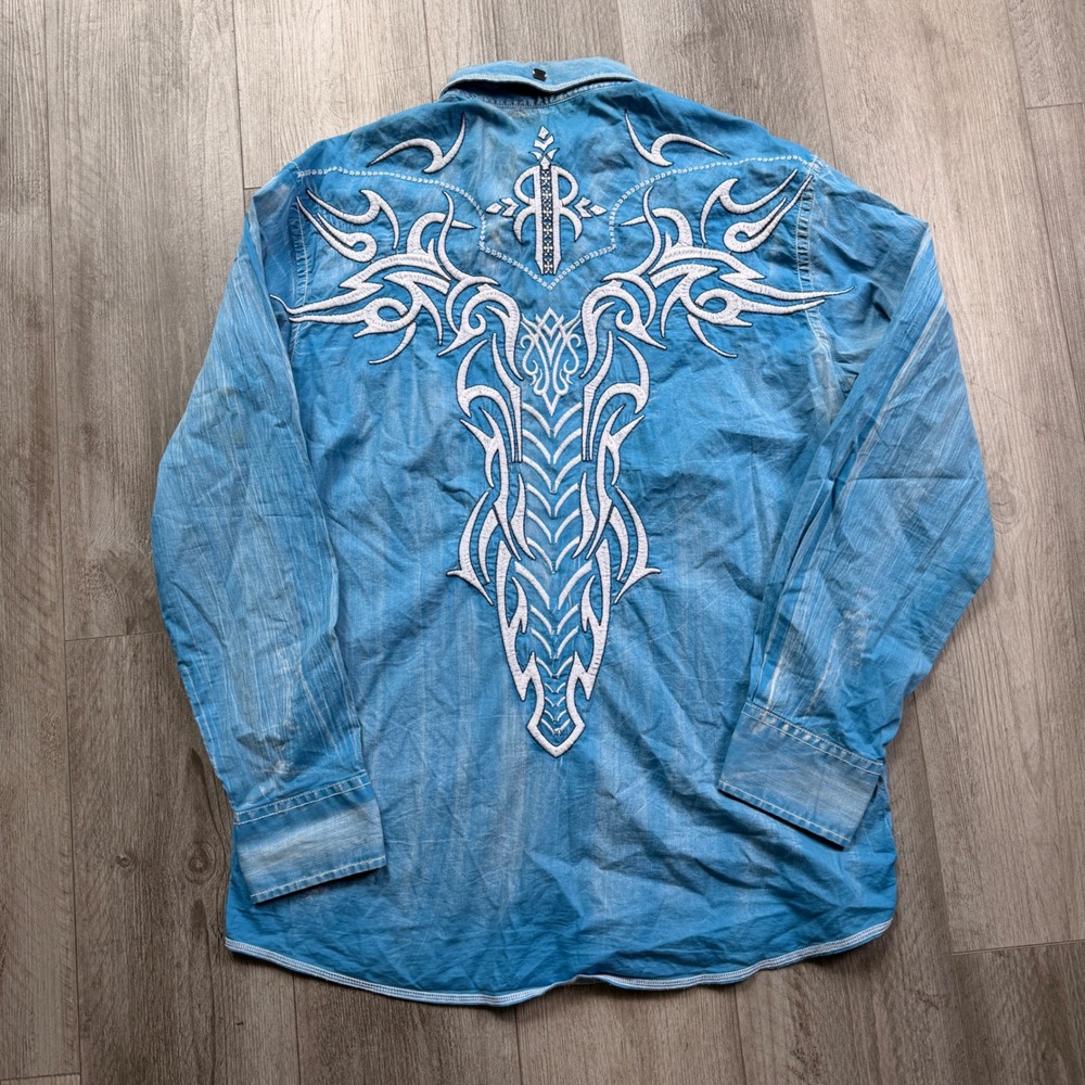 Y2K Roar Signature Embroidered Shirt XL Blue Tribal Cross Acid Wash Button Up
